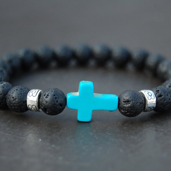 Lava Bracelet,Cross Bracelet,Turquoise Cross Lava Bracelet - Picture 1 of 2